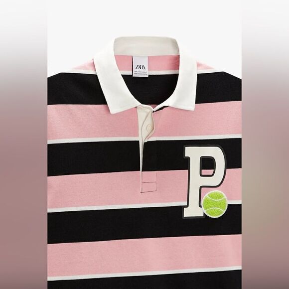ZARA Patch Striped Polo Pink and Black, Unisex, Men size Small - Picture 12 of 15